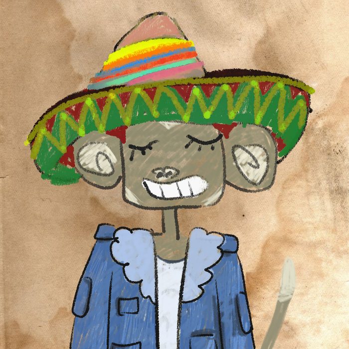 NAPEJAS #654 character wearing a sombrero and denim jacket, crayon art style